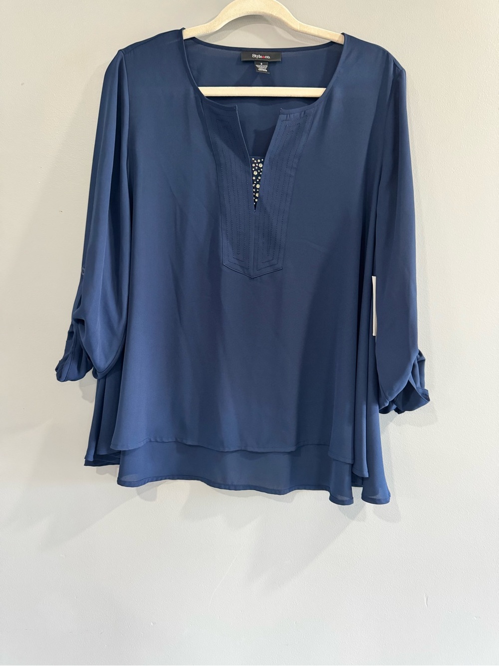 Style & Co. Navy Layered Split-Neck Blouse